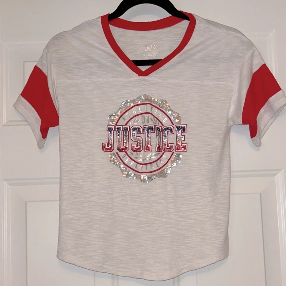 Justice V-Neck Sequins Sporty T-Shirt 8 Red Gray Casual Summer